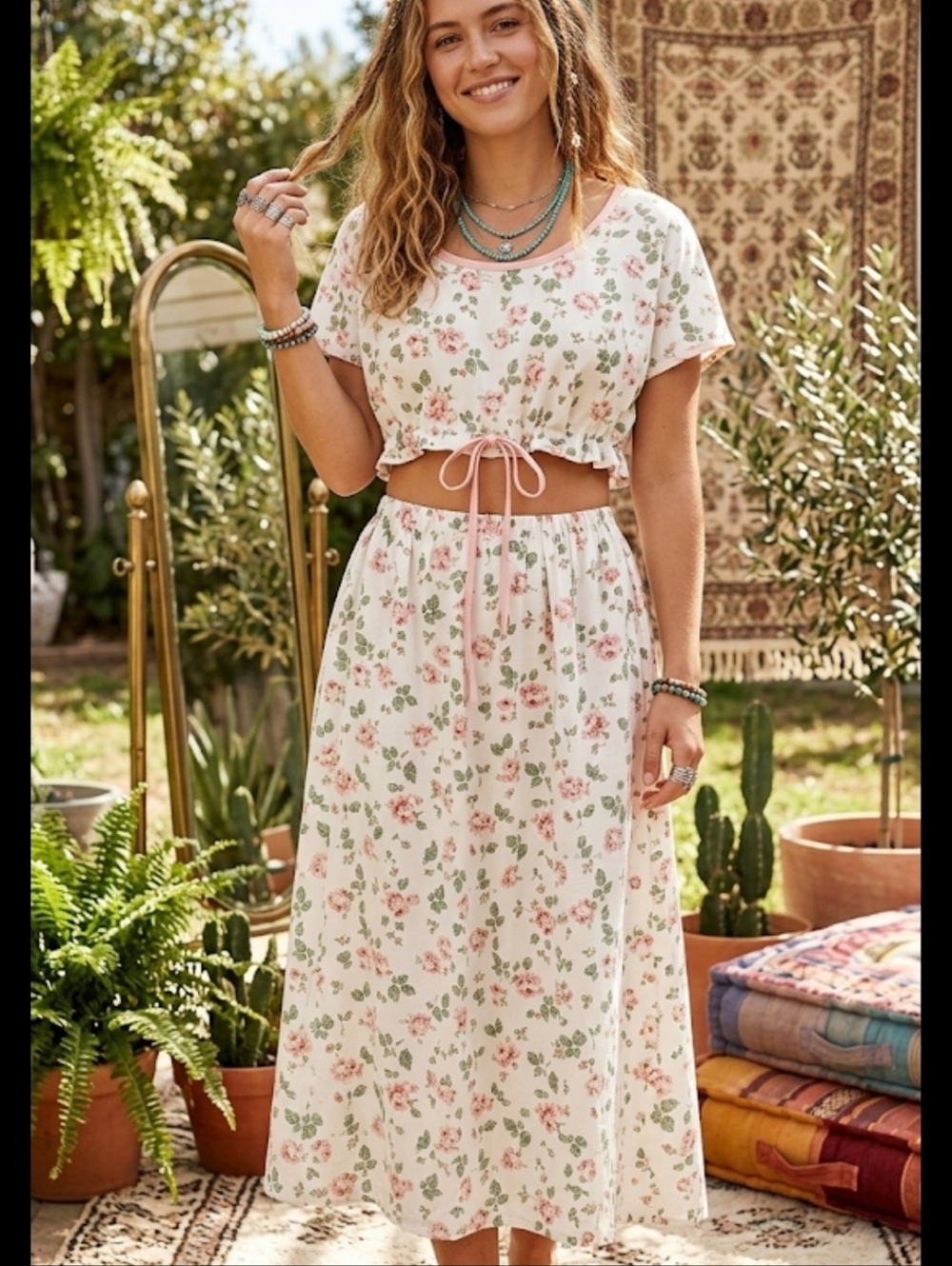 2 pc crop top & long skirt M ivory floral upcycled vtg dress